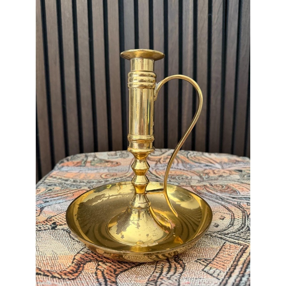 Vintage Brass Chamberstick Candle Holder - 8" tall
